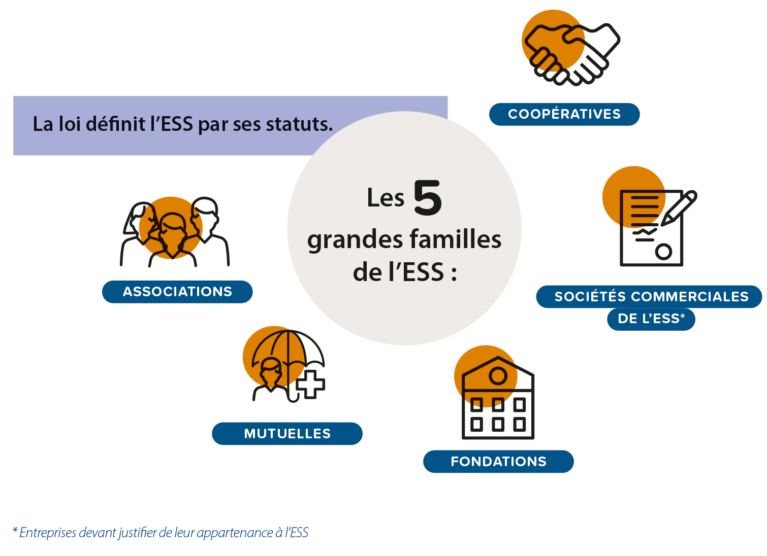 Infographie les cinq grandes familles de l'ESS (description détaillée ci-après)